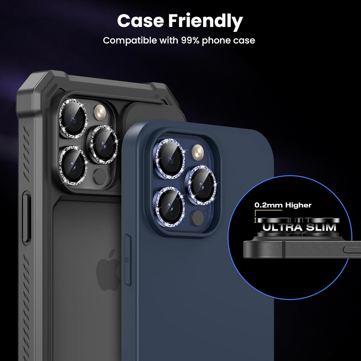 Tensea Protector de lente de cámara para iPhone 15 ProiPhone 15 Pro Max, protector de pantalla de vidrio templado 9H, anillo individual de metal