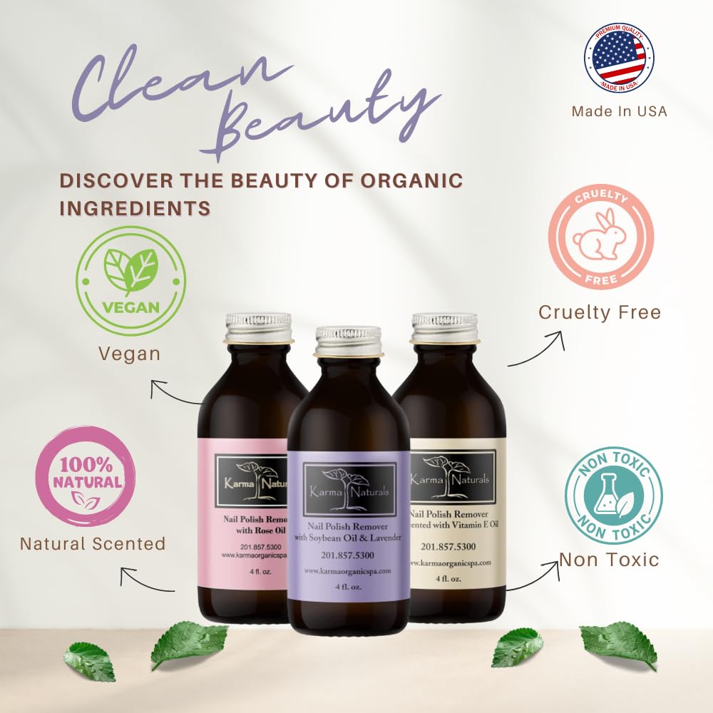 Karma Organic Paquete de removedor de esmalte de uñas, incluye lavanda natural, aceite de rosa y removedor de esmalte de uñas sin perfume (4 onzas