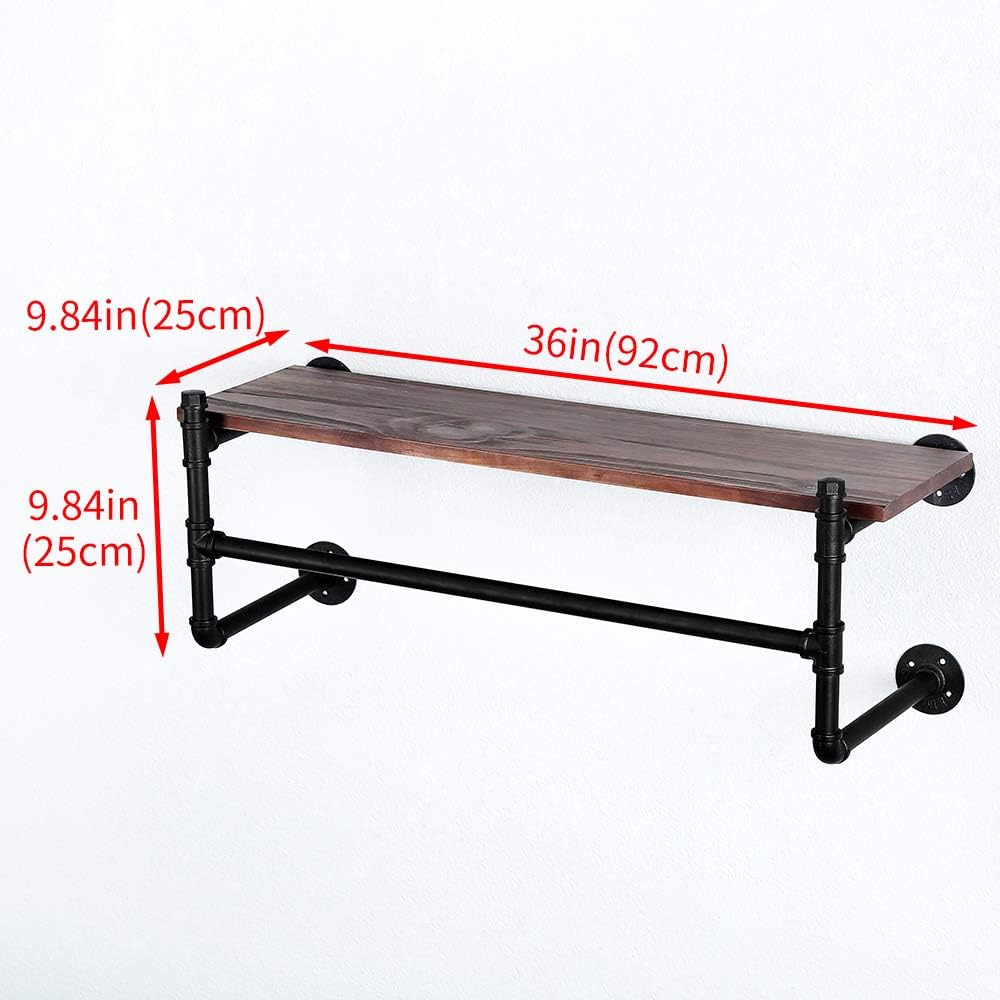 Estante industrial de la ropa del tubo montado en la pared con estante de madera,Estante de la ropa al por menor rústico estante de la exhibición de