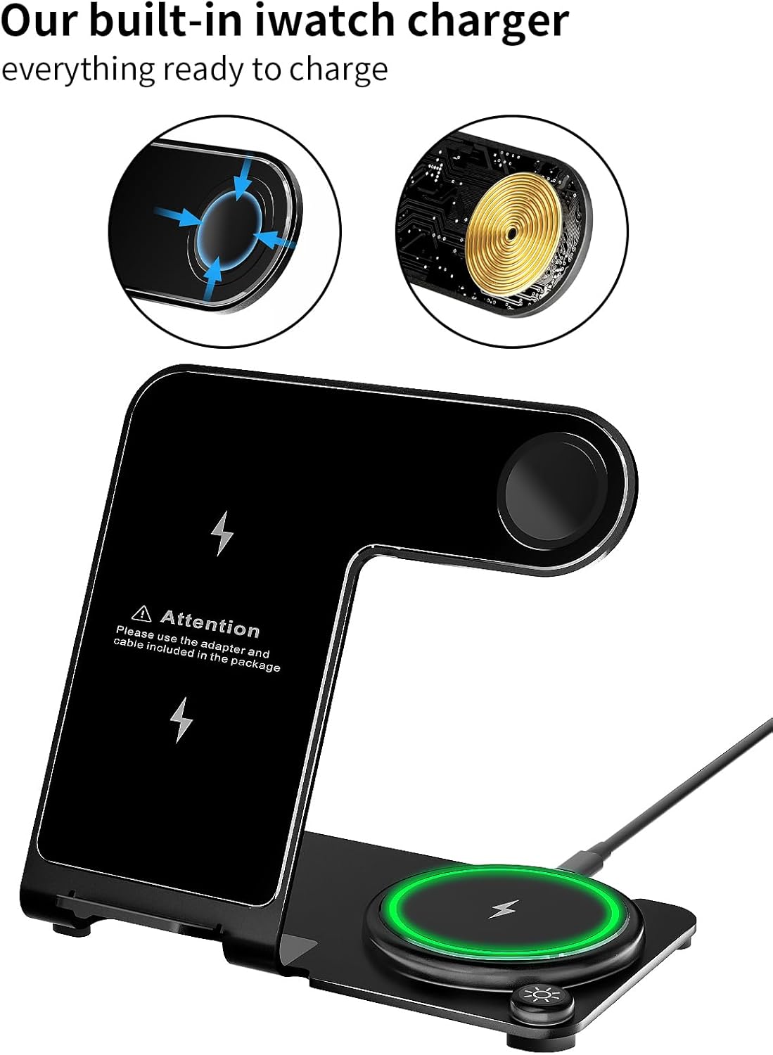 Cargador inalámbrico, estación de carga inalámbrica 3 en 1 de aleación de aluminio para Apple iPhoneiWatchAirpods, iPhone15 14,13,12,11 (Pro,