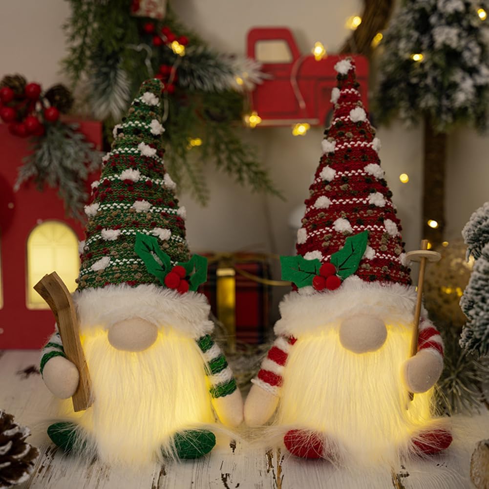 FIALAME Paquete de 2 gnomos de Navidad iluminados para decoración de muñecas de felpa para el hogar, adornos de mesa, muñeca elfo con luces LED,