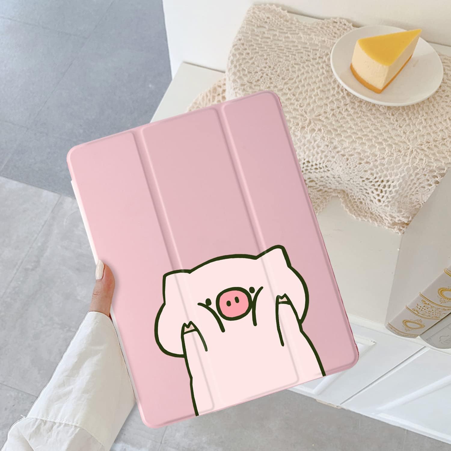 Lindo cerdo de dibujos animados para iPad Mini 5 con soporte para lápiz, apagado automáticoactivación, cubierta trasera de TPU suave de cuero rosa