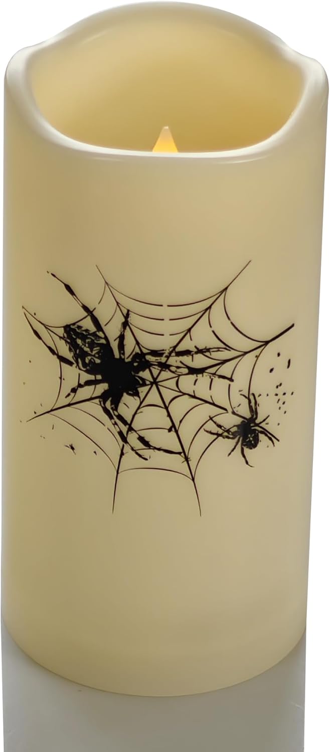 Velas sin llama para exteriores con temporizador de ciclismo, luces LED eléctricas parpadeantes realistas de plástico falso con araña para