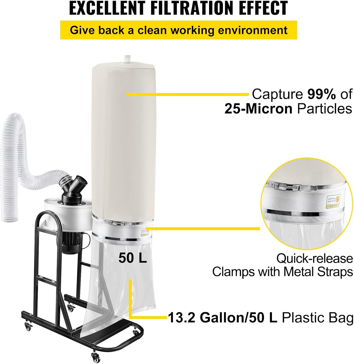 VEVOR Colector de polvo de 1.5 HP, colector de polvo de vórtice portátil de 647 CFM, colector de polvo para carpintería con bolsa de recolección de