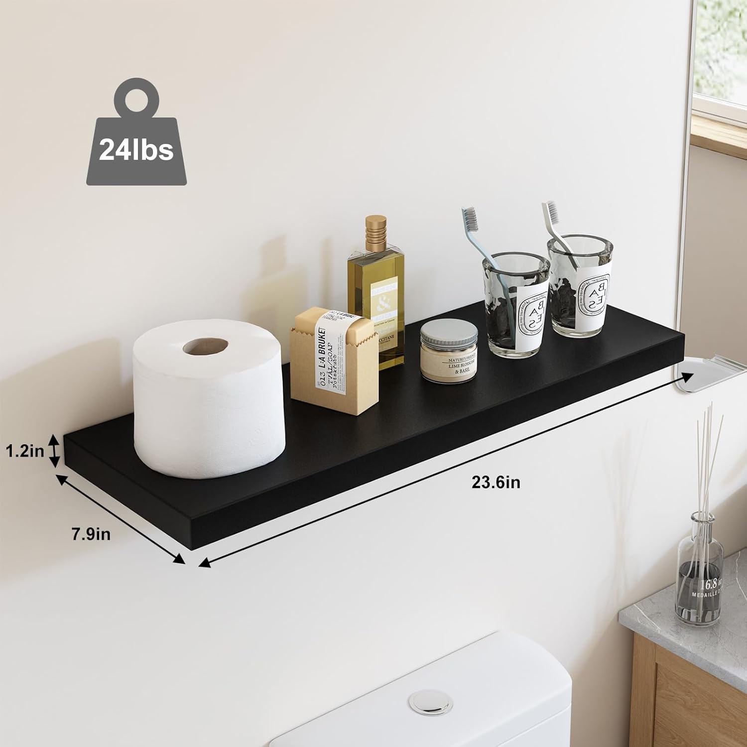Fixwal Estantes flotantes de 24 pulgadas para pared, estantes negros para montar en la pared con soporte invisible para baño, sala de estar,