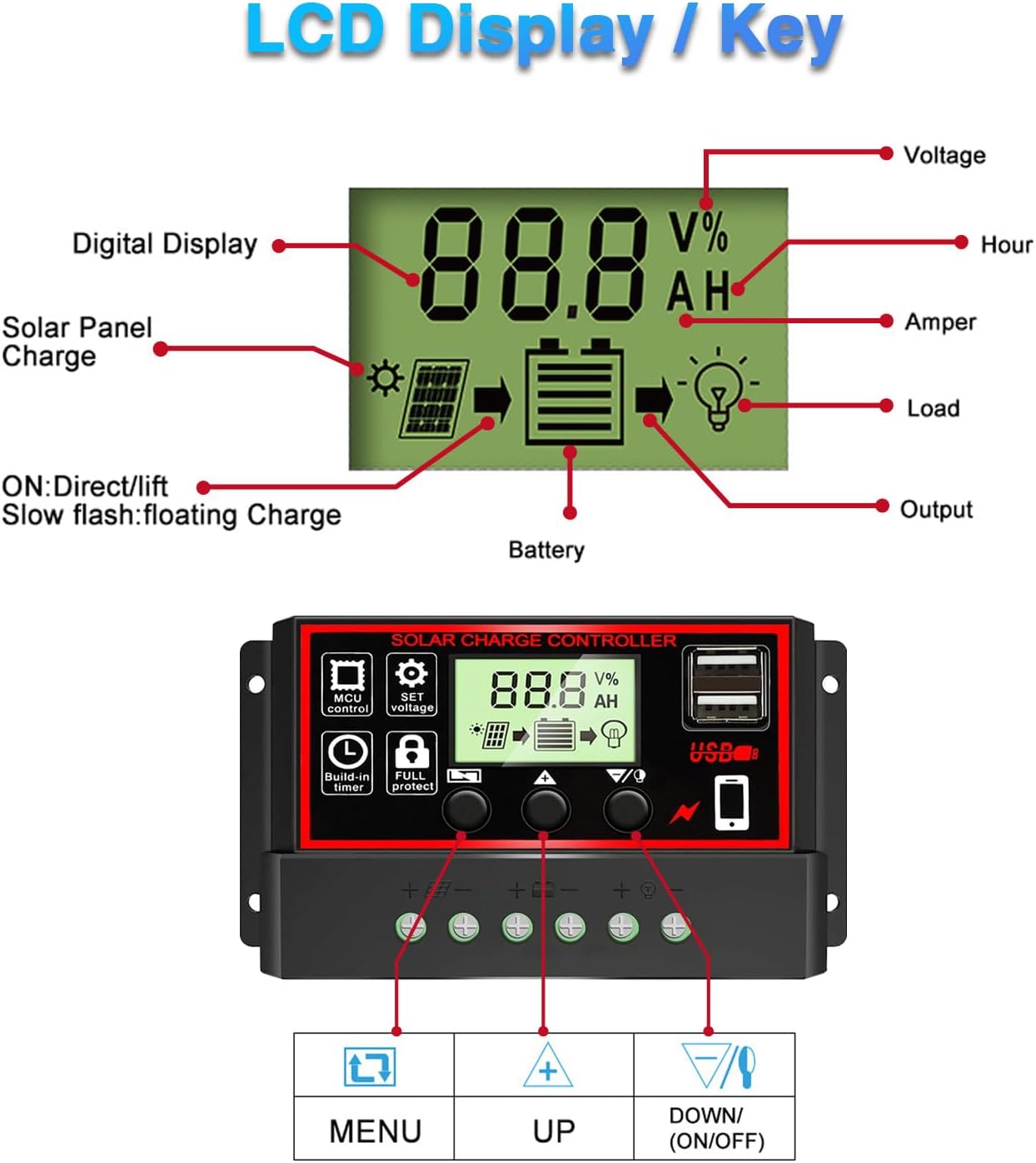 Controlador de carga solar 10A, regulador inteligente de batería de panel solar con pantalla de puerto USB 12V24V (negro)