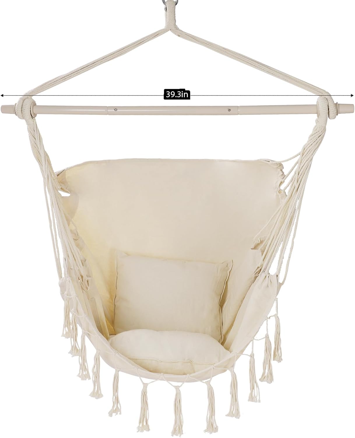 Silla hamaca colgante de cuerda con soporte para reposapiés, 2 cojines incluidos, máximo 500 libras, barra separadora de acero resistente y segura