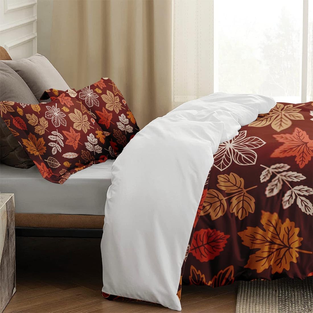 Juego de funda de edredón, juego de ropa de cama de otoño con hojas de otoño y Acción de Gracias para niños y adultos, decoración de dormitorio