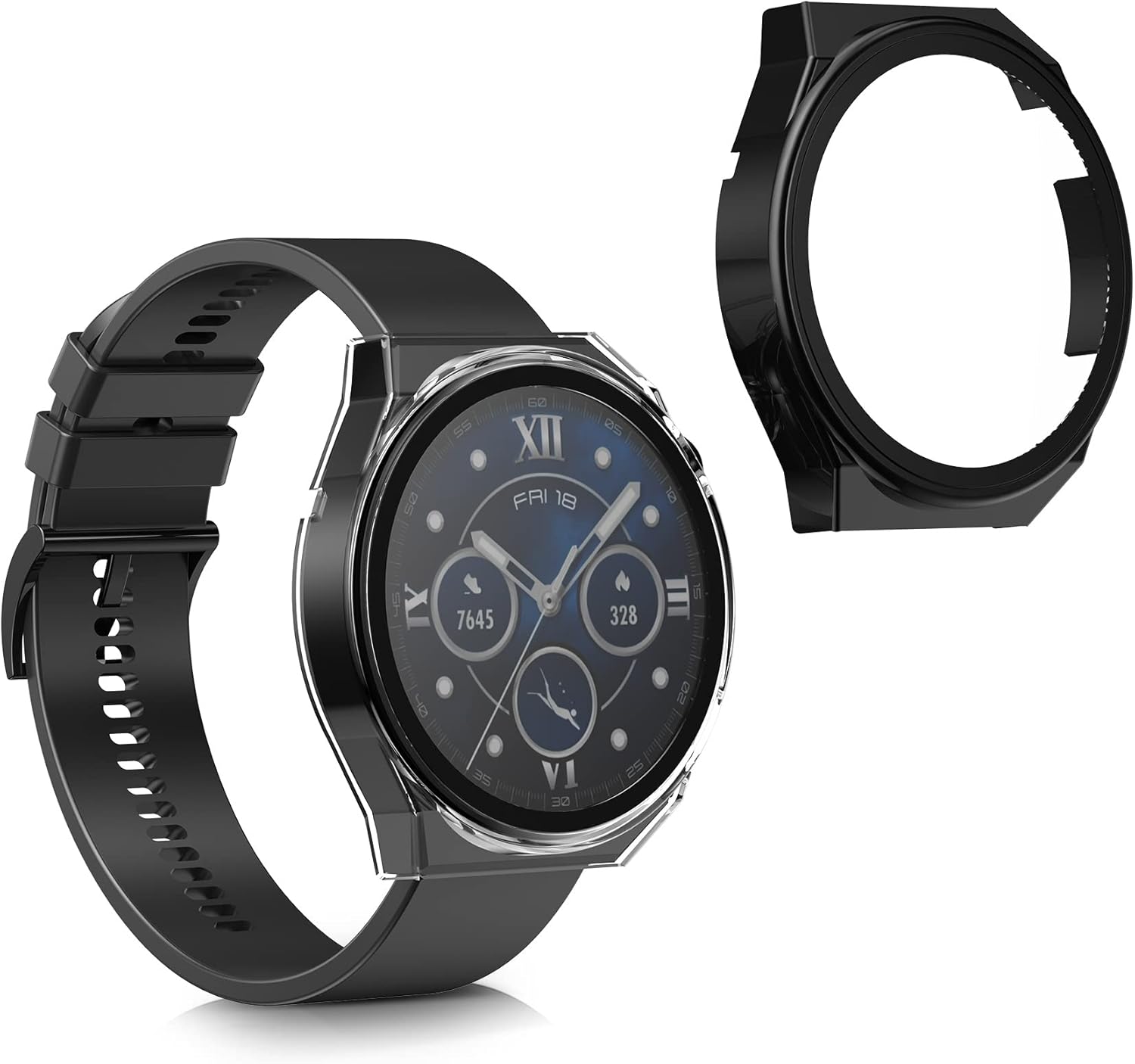 kwmobile Funda compatible con Huawei Watch GT3 Pro (1.811 in) Fundas – 2 x vidrio templado con marco de plástico – NegroTransparente