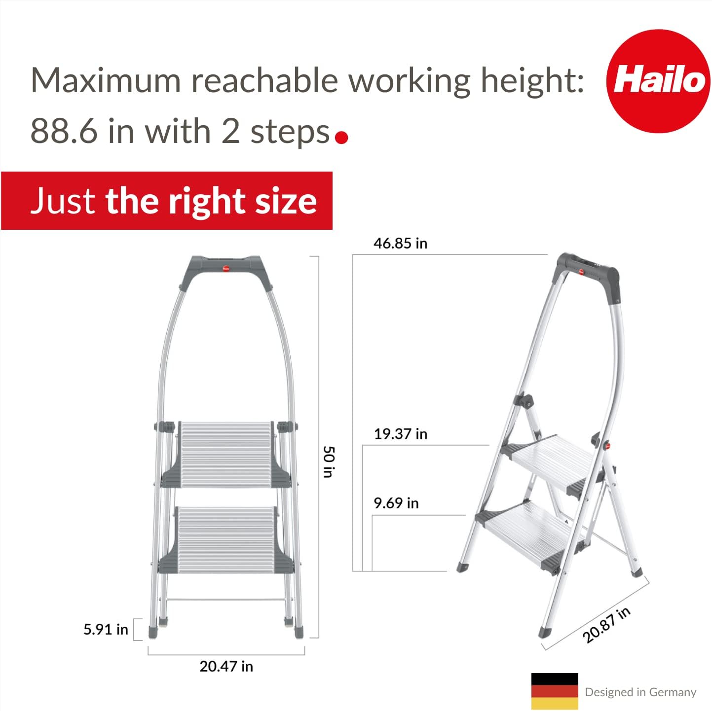 Hailo LivingStep Comfort Plus  Escalera plegable de aluminio  Dos escalones extra grandes  Escalera con barra de seguridad alta curva y bandeja de