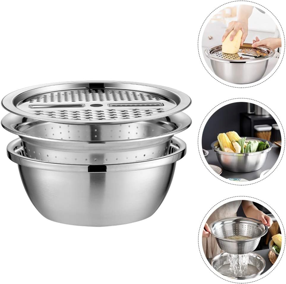 Cuenco de lavado de granos 3 en 1 de acero inoxidable, cesta de drenaje de frutas y verduras, cortador de verduras, cesta de filtro de agua, cuenco