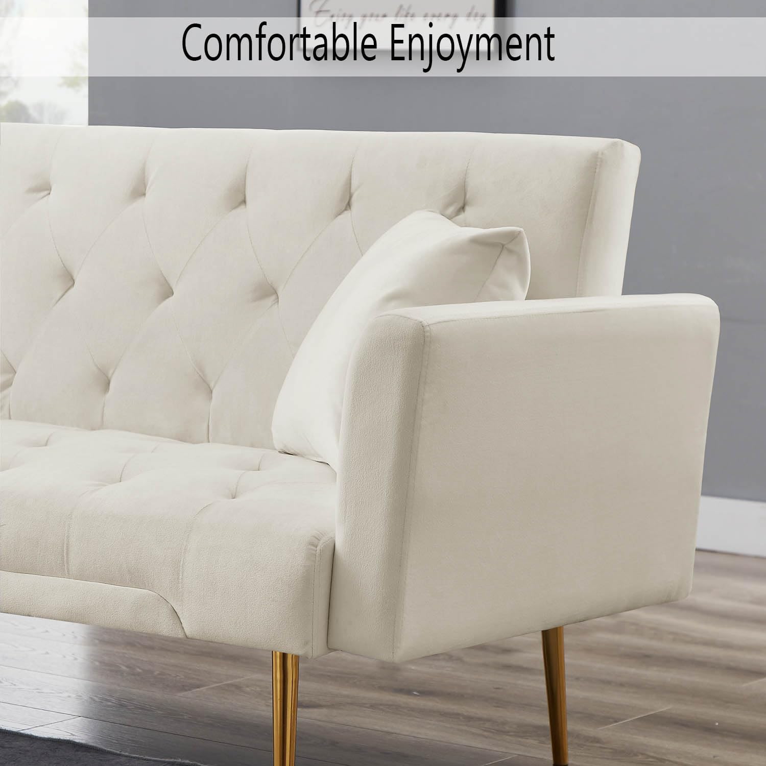Sofá cama futón de terciopelo con 2 almohadas, moderno sofá cama convertible reclinable, plegable tapizado, 3 ángulos ajustables, asiento de espuma