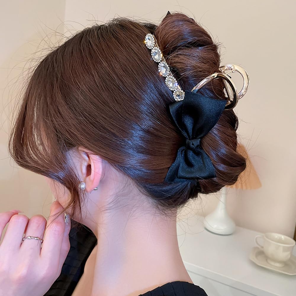 Wiwpar Pinzas de garra de lazo negro con diamantes de imitación de cristal para cola de caballo gruesa, pasador de pelo de sujeción fuerte, pinzas