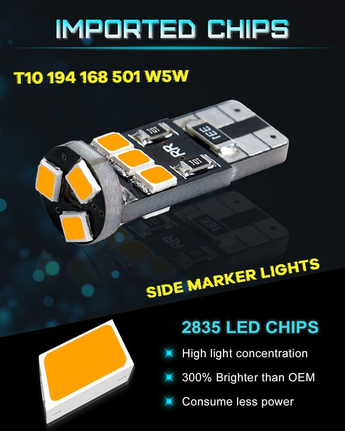 Alopee 4 bombillas LED 194 ámbar, bombilla C194 9SMD 2835 chips, bombilla LED 912, 921 2825 W5W 158 501, repuesto sin errores para luz de marcador