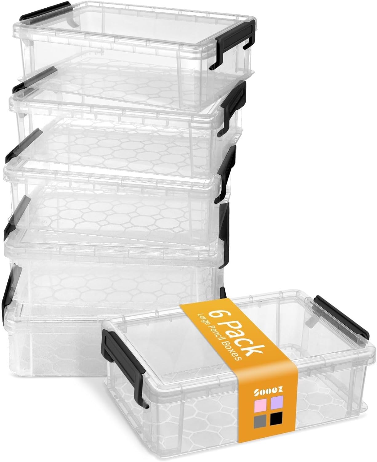 Sooez Paquete de 6 cajas de lápices extra grandes, estuche de plástico para lápices a granel, organizador de marcadores transparentes con tapa,