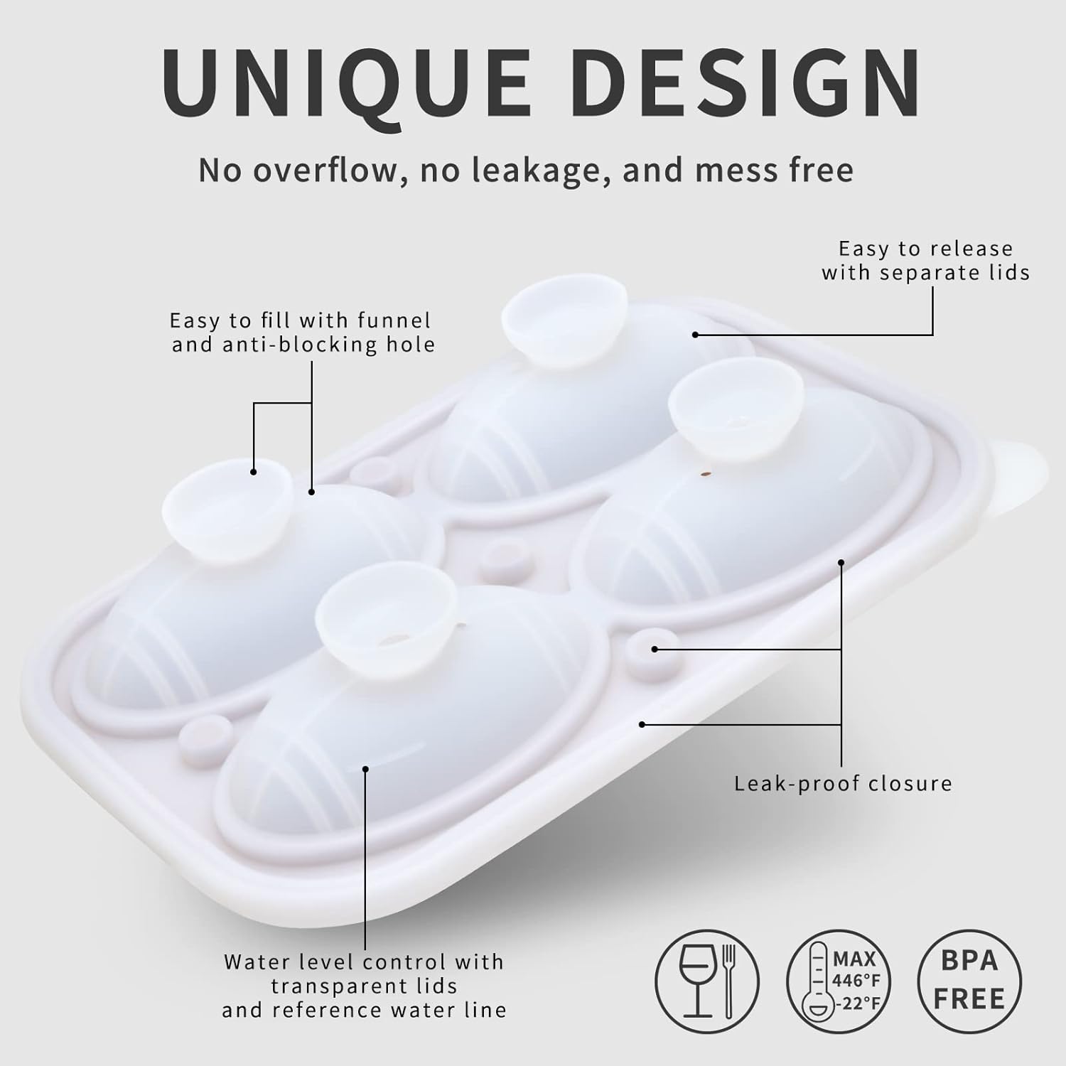 Koilox Moldes de bolas de rugby 3D, bandejas de cubitos de hielo de silicona negra, 4 moldes grandes de bolas de hielo con tapa, de fácil