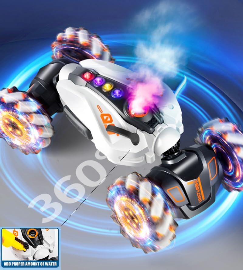 Gesture – Auto de control remoto con aerosol, transformación 4WD 360 gira todo terreno 2.4 GHz juguete con luces de música, autos de acrobacias RC