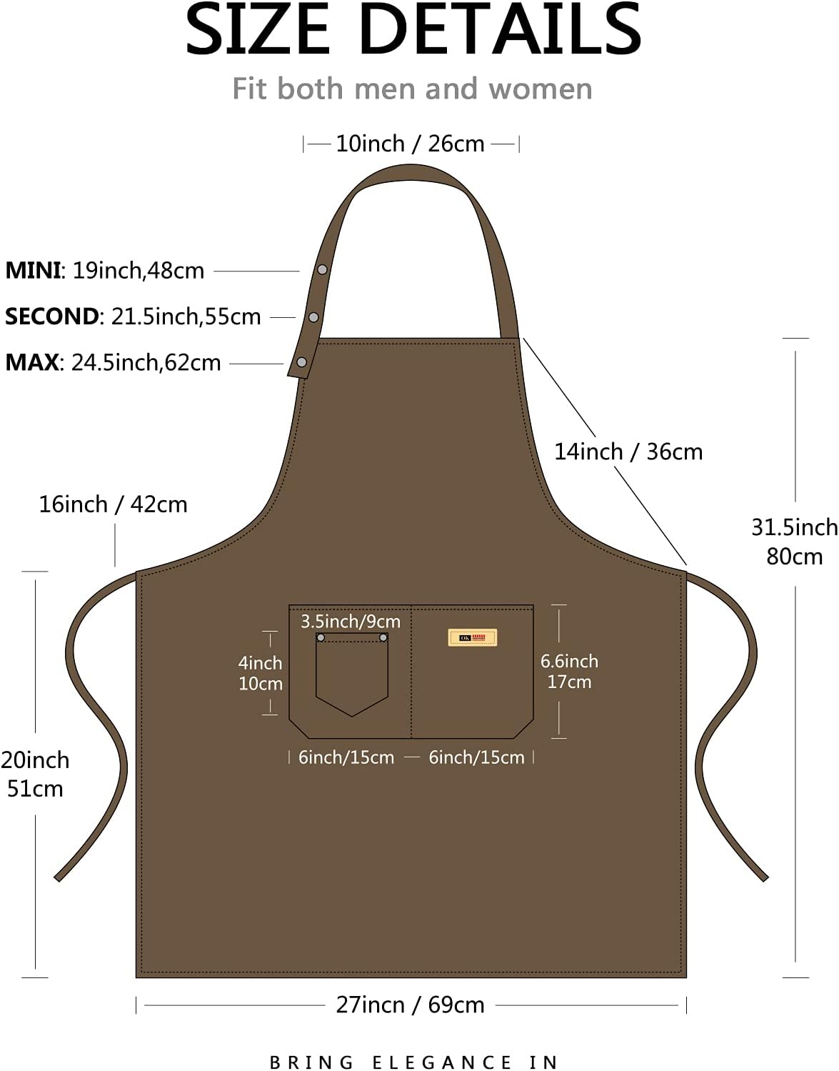 Delantal ajustable con botones para mujeres y hombres, artistas, pintura, cerámica, jardín, cocina, chef, 3 bolsillos, impermeable, M-XXL