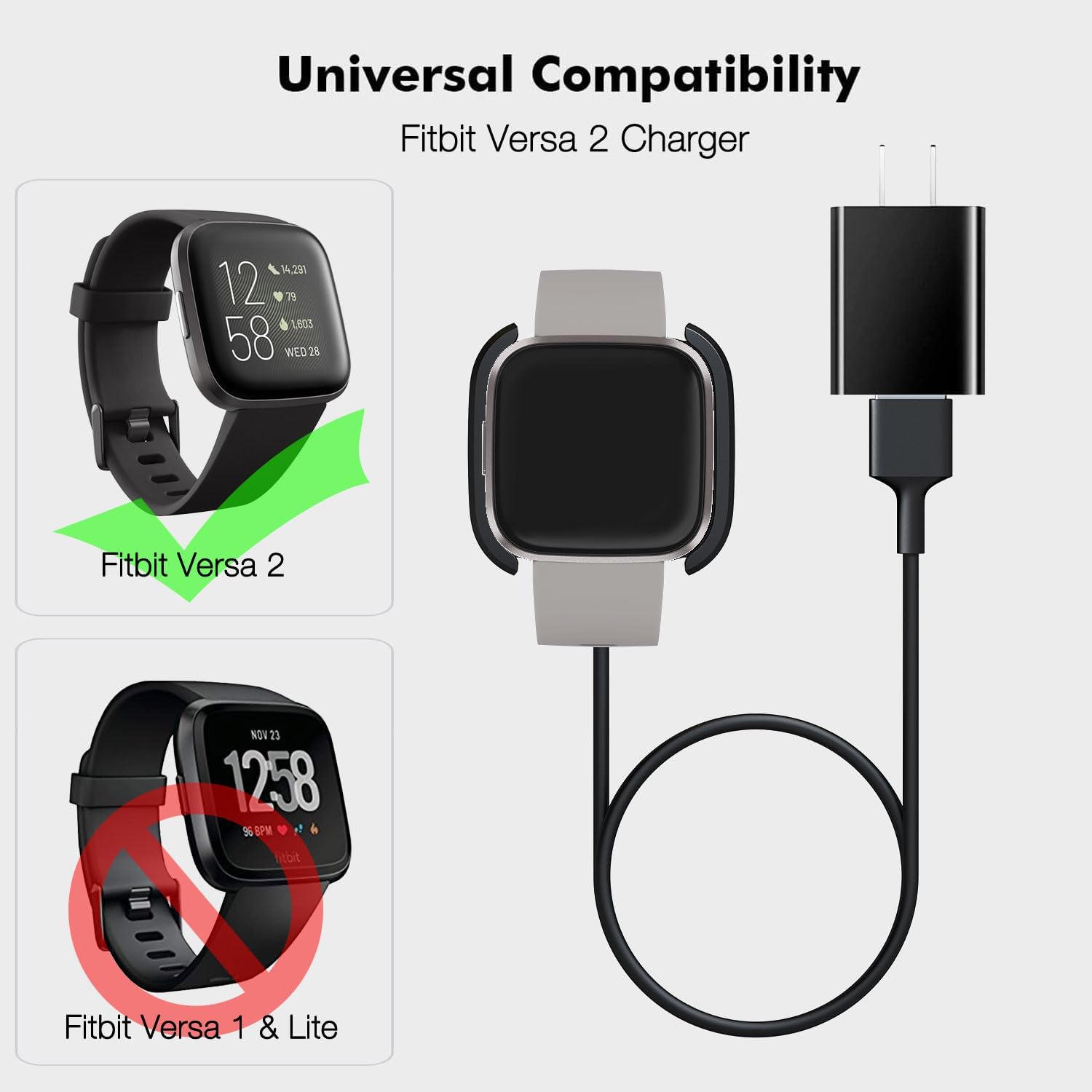 Cargador de pared para Fitbit Versa 2, cable de cargador Fitbit Versa 2, adaptador de reloj inteligente Versa 2, bloque de carga y base de carga