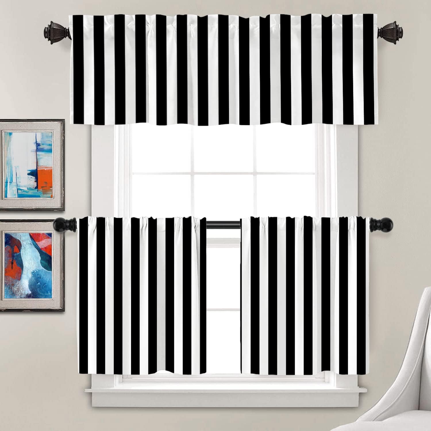 Batmerry Cortinas negras modernas y sencillas a rayas, con diseño geométrico de cebra en negro y blanco, cortina de cocina corta de poliéster para
