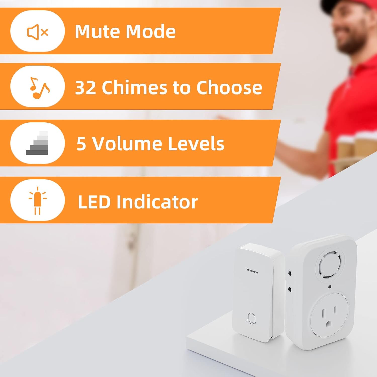 AIDA Timbre inalámbrico, timbre autoalimentado con enchufe extra, no requiere batería, botón de timbre inalámbrico, 5 niveles de volumen con 32