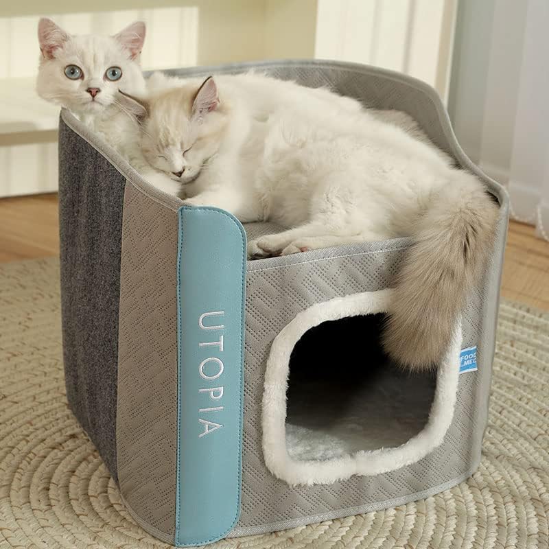 Camas grandes cubiertas para gatos con almohadilla de arañazos para gatos de interior, casa para gatos para mascotas, cueva de gato, doble plegable
