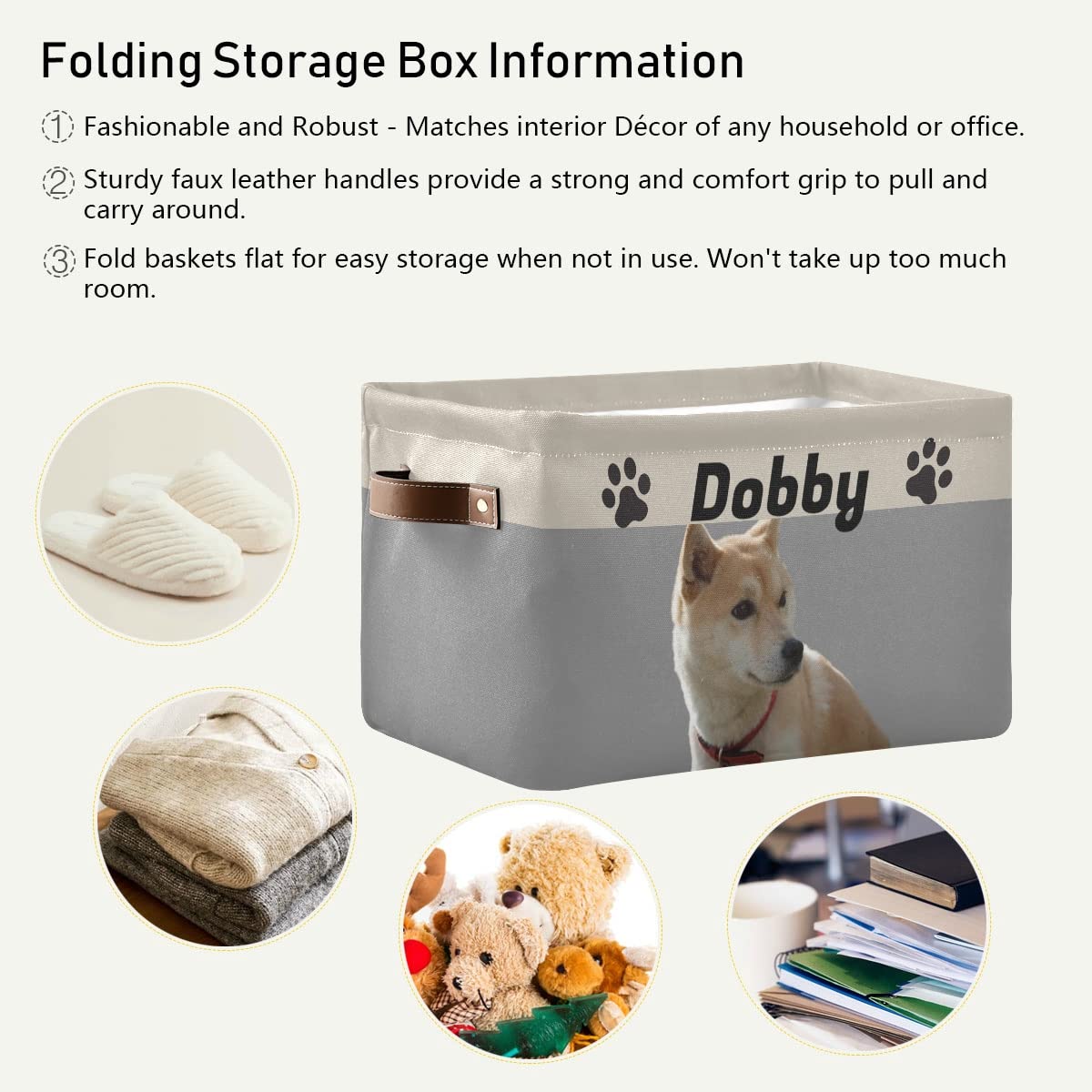 Cesta de almacenamiento personalizada para juguetes para perros, cesta plegable para juguetes para mascotas con asas de cuero, organizador de