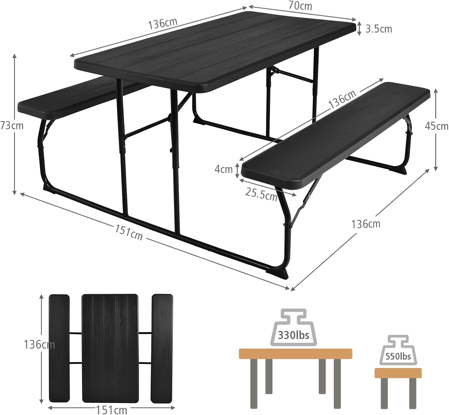 Safstar – Juego de banco de mesa de picnic plegable, mesa de picnic plegable con 2 bancos, mesa y banco para exteriores con marco de acero y mesa de