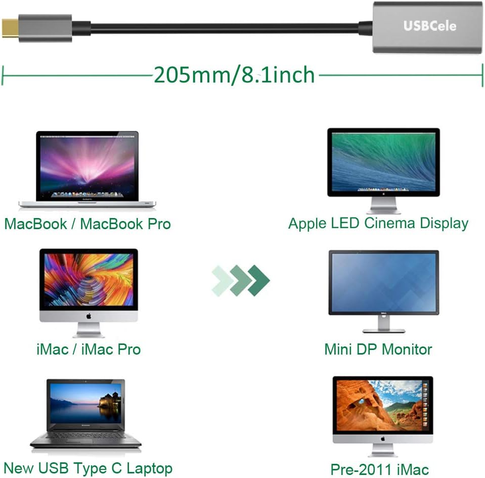 Adaptador USB-C a Mini DisplayPort, USB tipo C (Thunderbolt 3) a Mini DP 4K adaptador de cable para MacBook Pro, iMaciMac Pro, pantalla LED de cine
