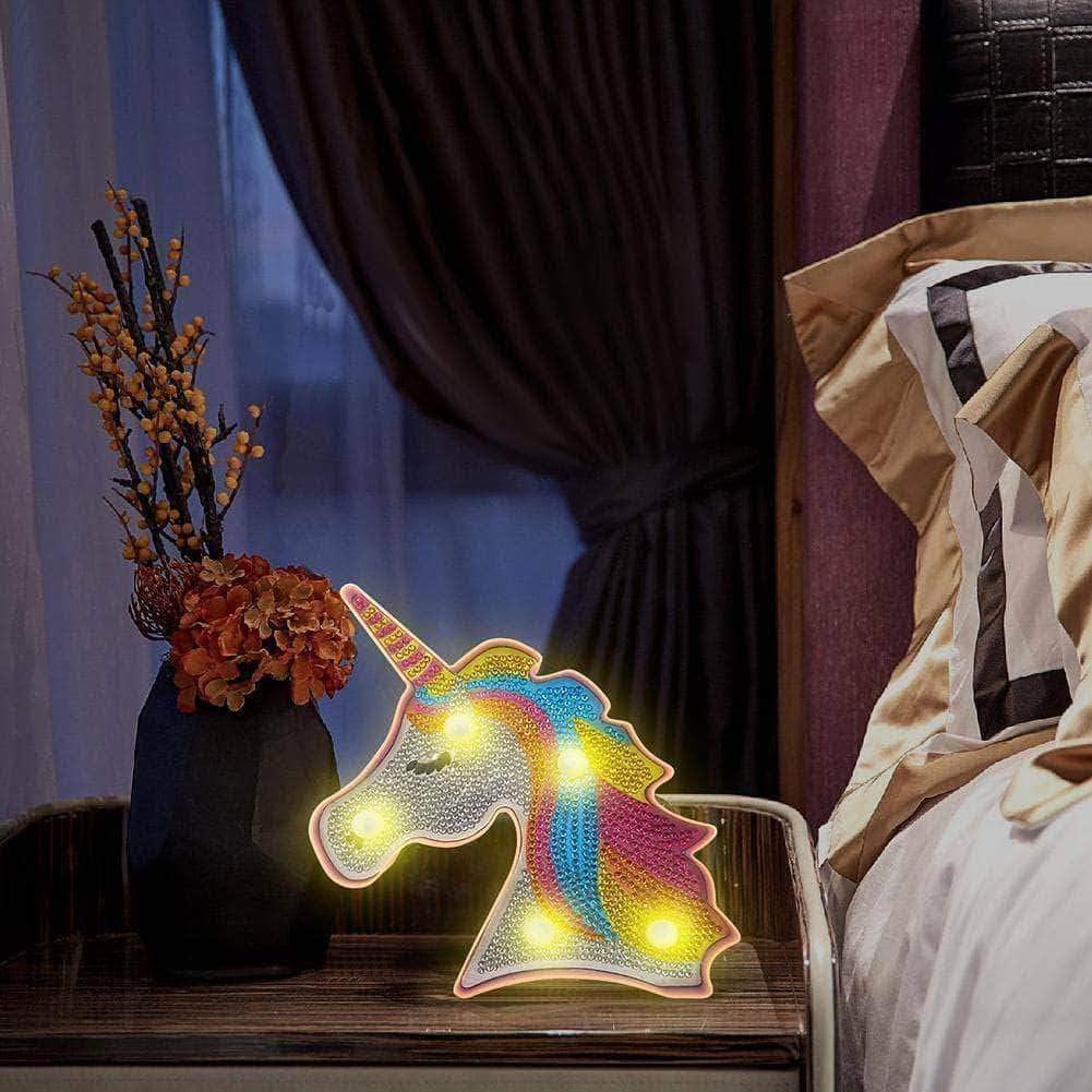 YOBEYI Pintura de diamante unicornio con luces LED, bricolaje con forma especial, taladro completo, cristal de dibujo, lámpara de noche para