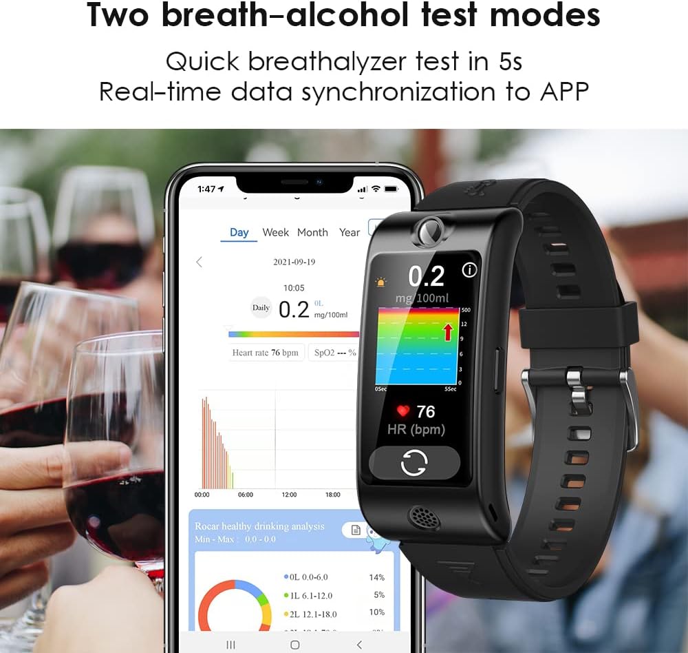 RoCar Para alcoholímetro, reloj inteligente, precisión de grado profesional, probador portátil de alcohol para respiración para uso personal y