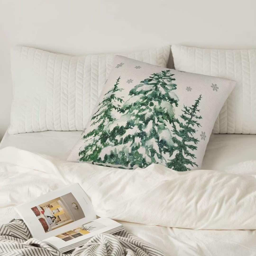 Juego de 2 fundas de almohada navideñas de 20 x 20 pulgadas, diseño de árboles del bosque, fundas de almohada verdes, fundas de almohada de invierno