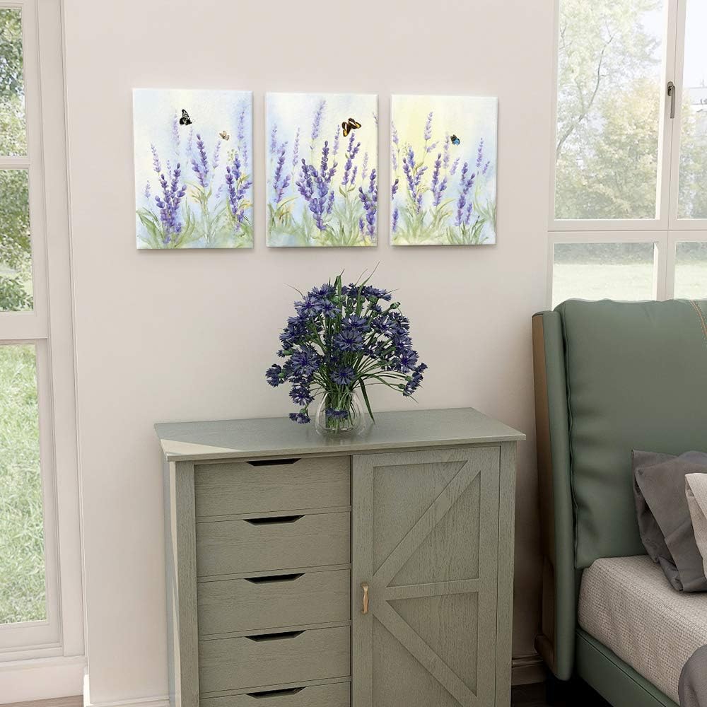 Slody Arte de pared morado con estampado de flores modernas de lavanda, cuadro floral de mariposa, paisaje de primavera, arte botánico enmarcado