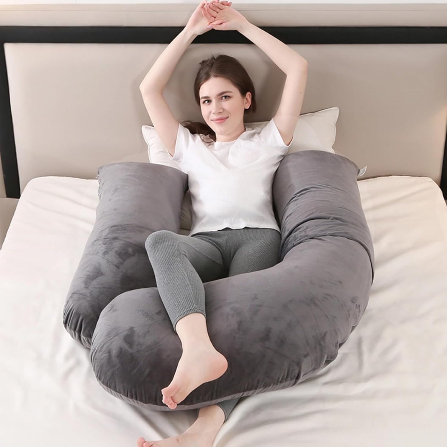Almohadas de embarazo para dormir, almohada de cuerpo completo en forma de arqueada para mujeres embarazadas, almohada de embarazo suave con funda