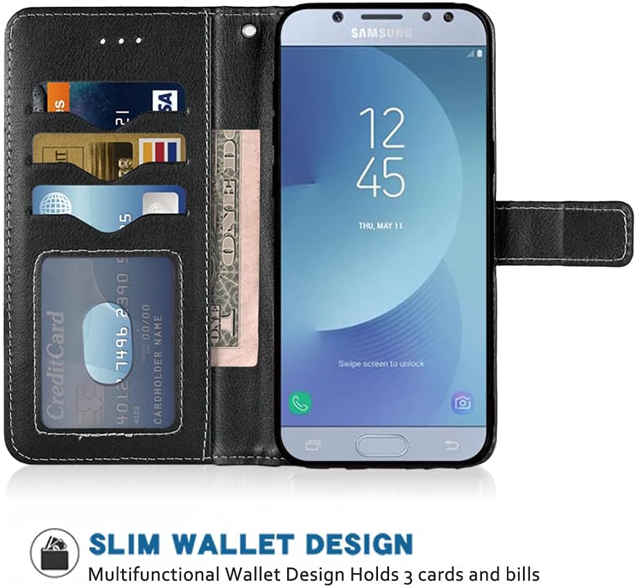 Compatible con Samsung Galaxy J5 2017 Funda tipo cartera con correa de muñeca con correa de cuero para tarjetero, soporte para tarjetas, accesorios