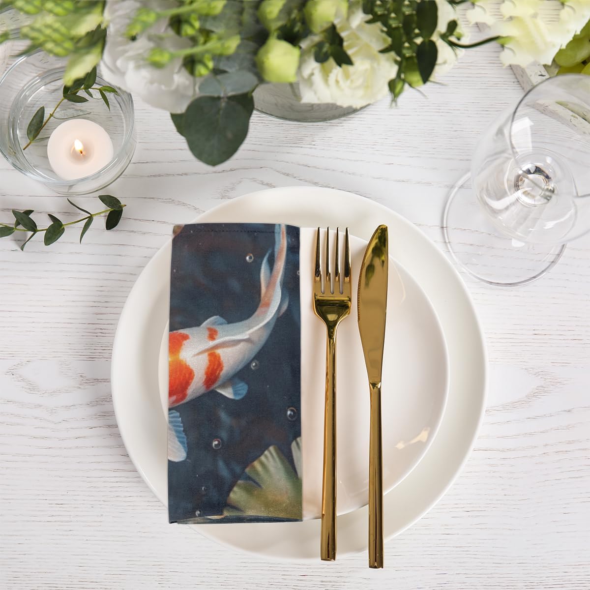 Cloth Napkins Set of 6 Japanese Koi Fish 20×20 Inch Cloth Napkins Traditional Fish Washable Reusable Kitchen Dinner Napkins Table Decor for Wedding,