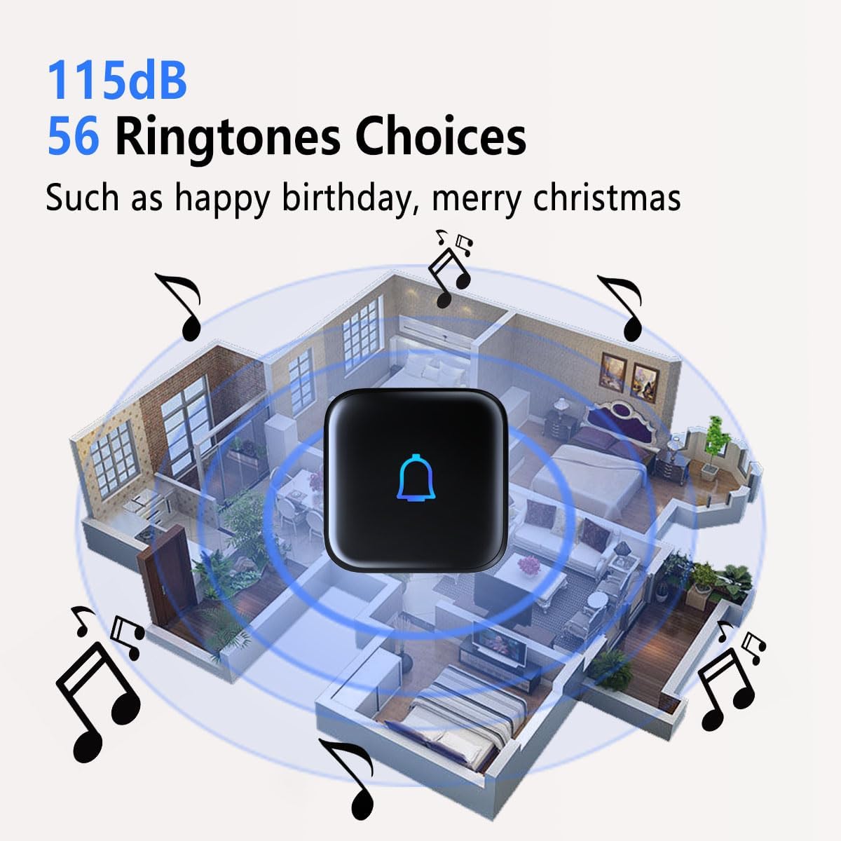 Timbre inalámbrico IP66 resistente al agua de 1000 pies con 56 timbres de 115 dB 7 niveles de volumen, modo de silencio con flash LED, timbre