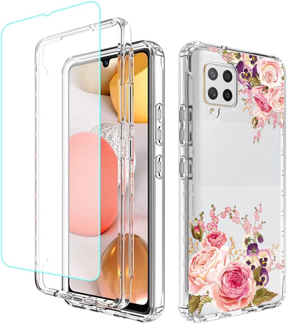 Funda para Galaxy A42 5GM42 5G SM-A426 con protector de pantalla de vidrio templado, cuerpo completo, diseño floral, a prueba de golpes, funda