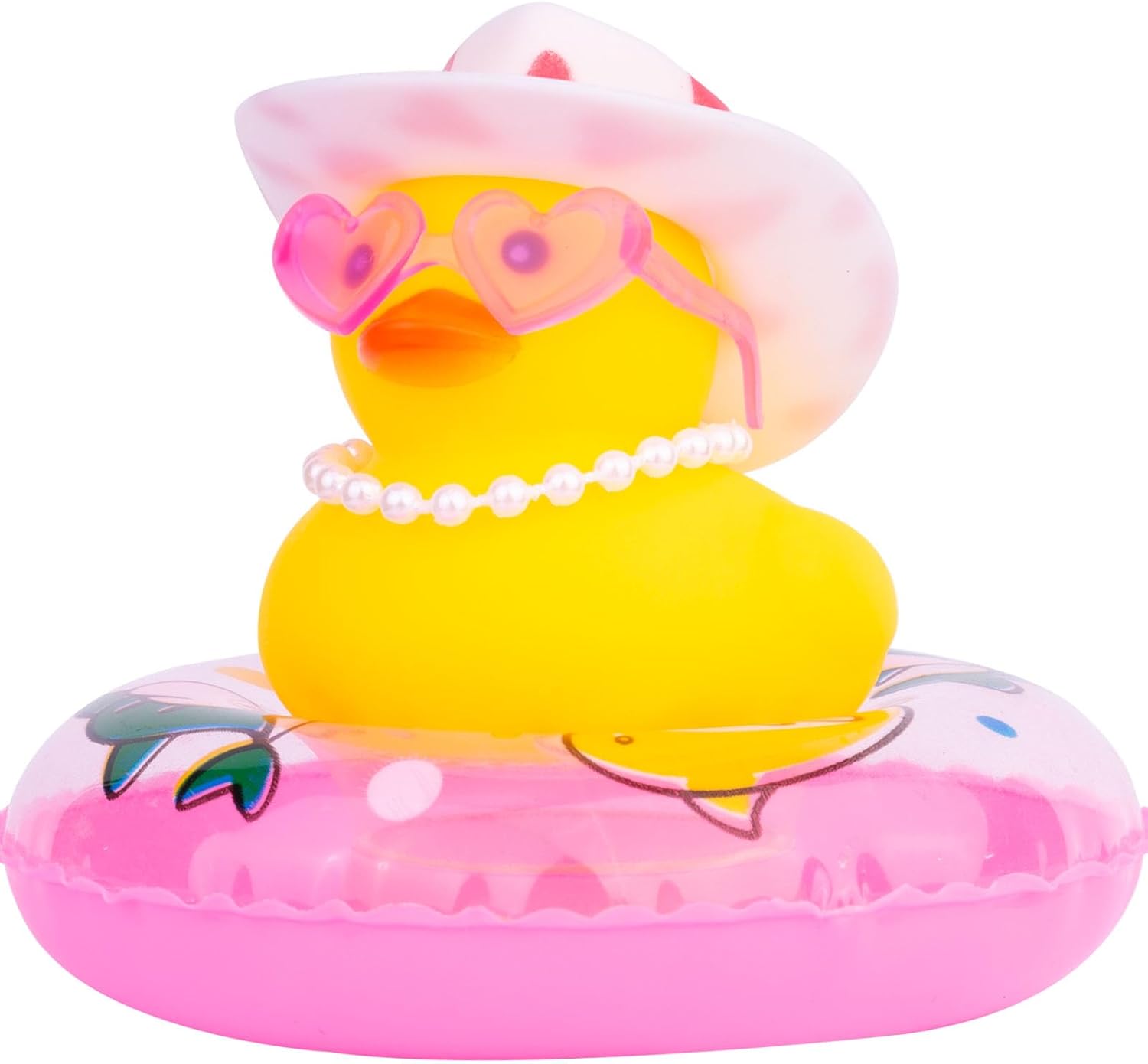 Adornos de pato amarillo para automóvil, decoración de tablero de automóvil con gafas de amor, mini anillo de natación, sombrero de sol, collar para