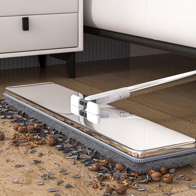 Trapeador y cubo de acero inoxidable con escurridor para el hogar, trapeador plano manos libres con 4 cabezales de mopa de microfibra lavables y