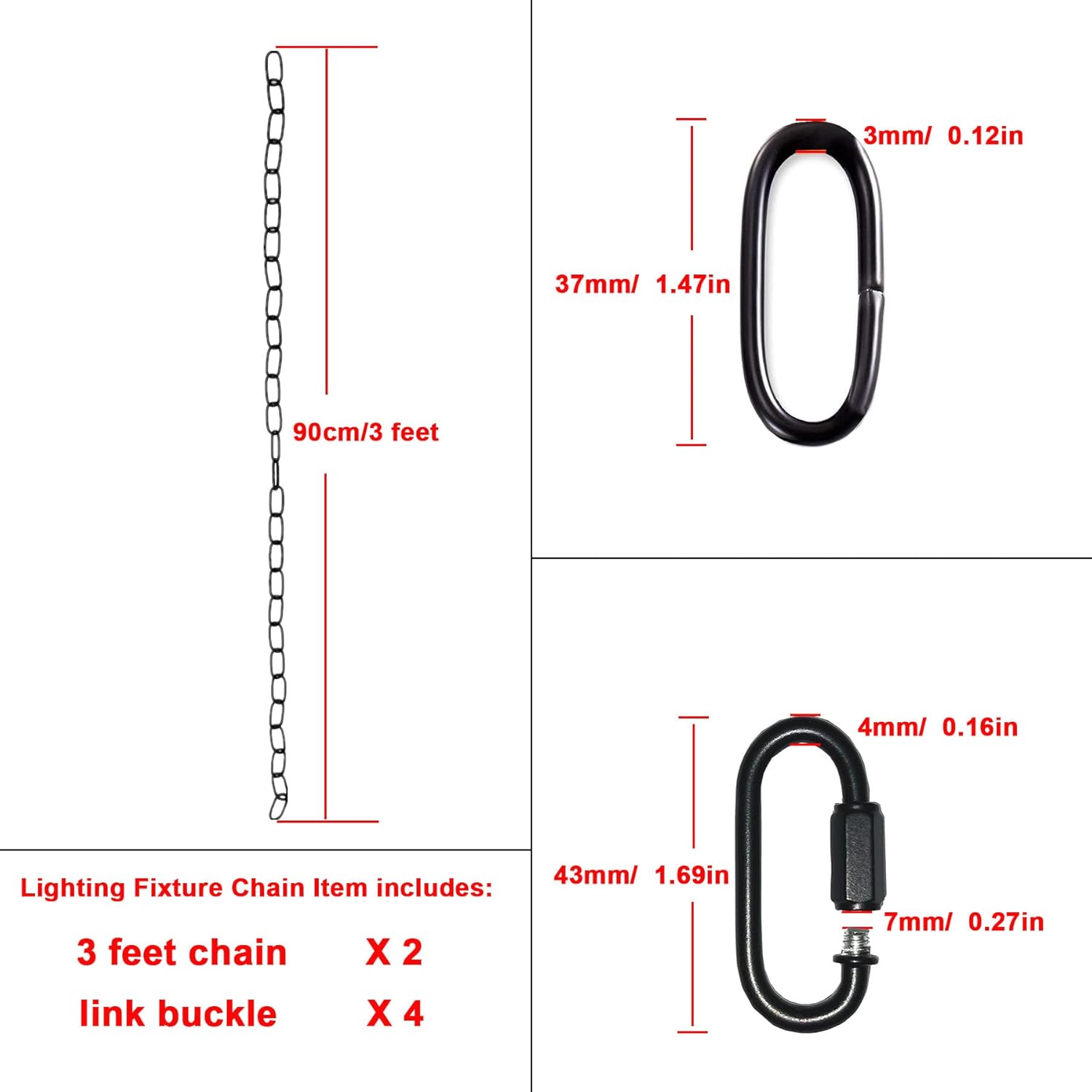 Cadena de lámpara colgante negra, cadena colgante de 6 pies, extensión de cadena de lámpara colgante con cerraduras de conexión, cadena resistente