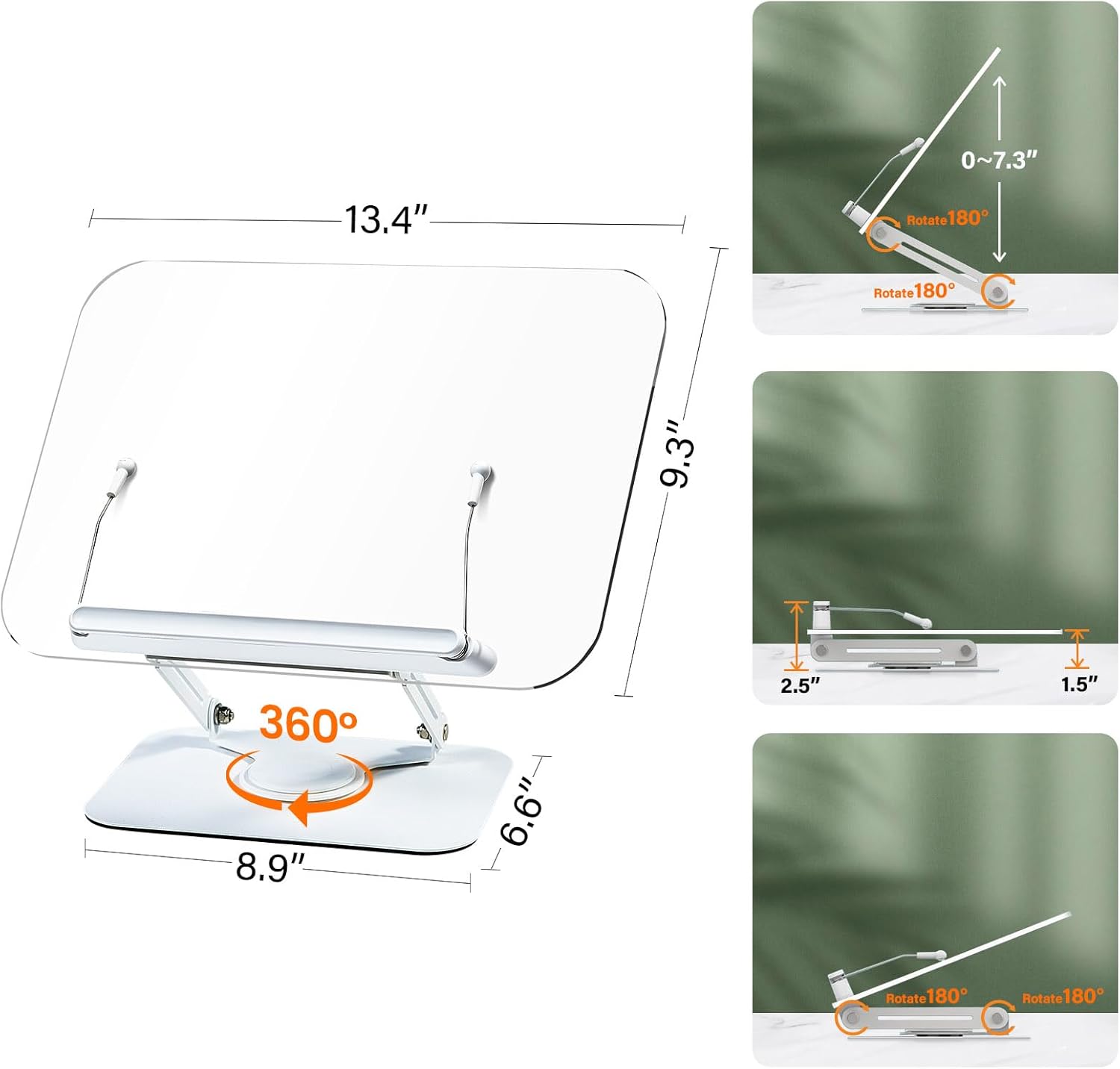 Soporte de acrílico para lectura, soporte ajustable para libros con base giratoria de 360 y clips elásticos para páginas, soporte elevador de