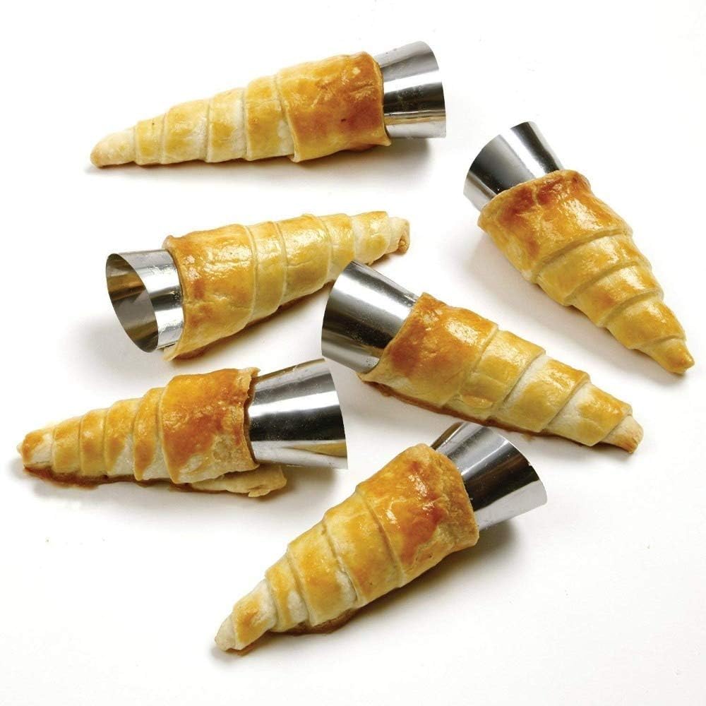 AMBESTAR Juego de 30 moldes de cuernos de crema, grandes de acero inoxidable Canolis Forms Cannoli Kit para hornear canolis, cáscara de croissant,