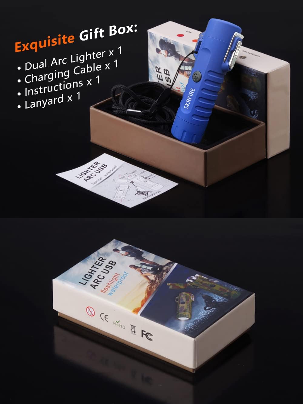 Encendedor eléctrico para campamento, encendedor de doble arco resistente al viento con linterna LED, encendedor recargable por USB para senderismo