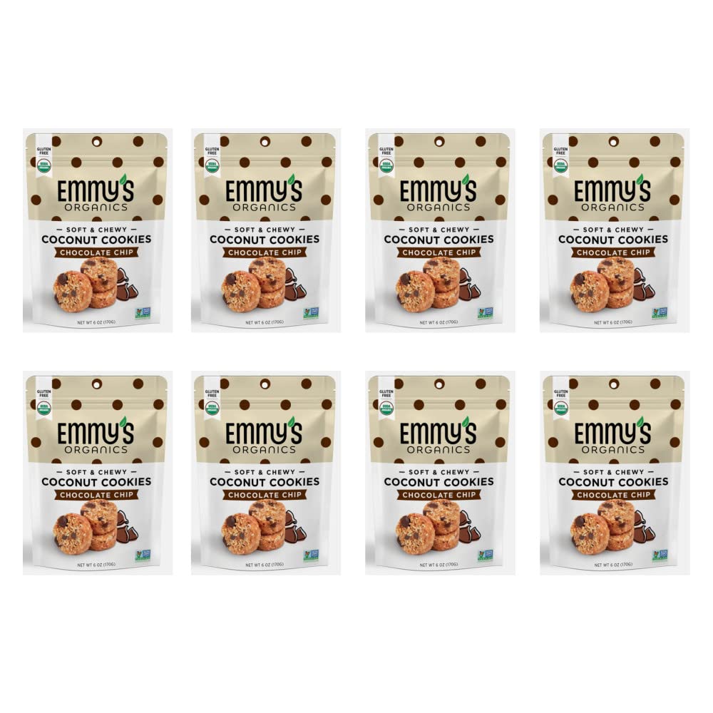 Emmy’s Organics Galletas de coco con chispas de chocolate (paquete de 8), sin gluten, orgánicas, veganas, aptas para paleo