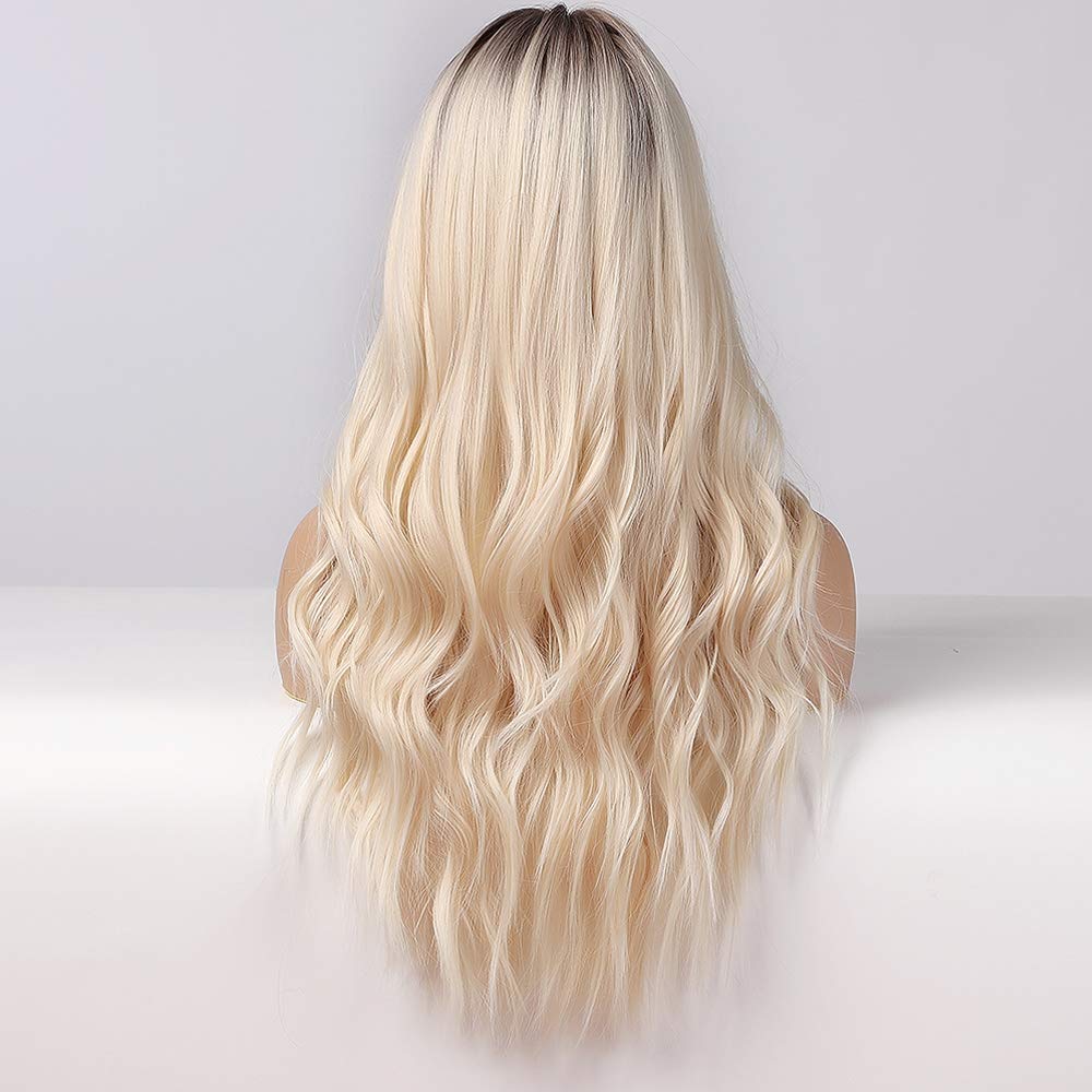 HAIRCUBE Pelucas rubias largas para mujer, pelo sintético rizado ondulado con raíces oscuras
