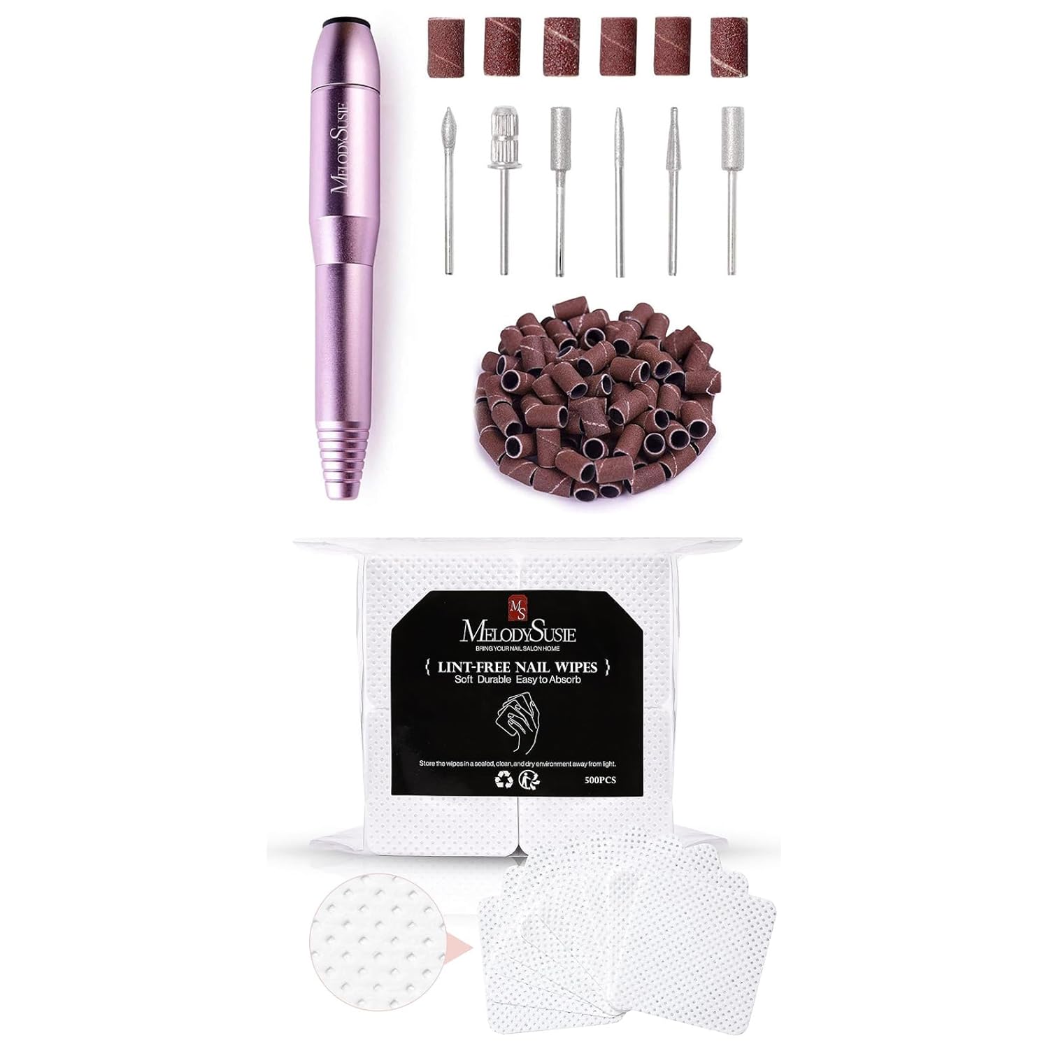 MelodySusie Taladro de uñas eléctrico portátil, compacto Efile Kit de lima de uñas profesional para acrílico con toallitas de uñas sin pelusa, 500