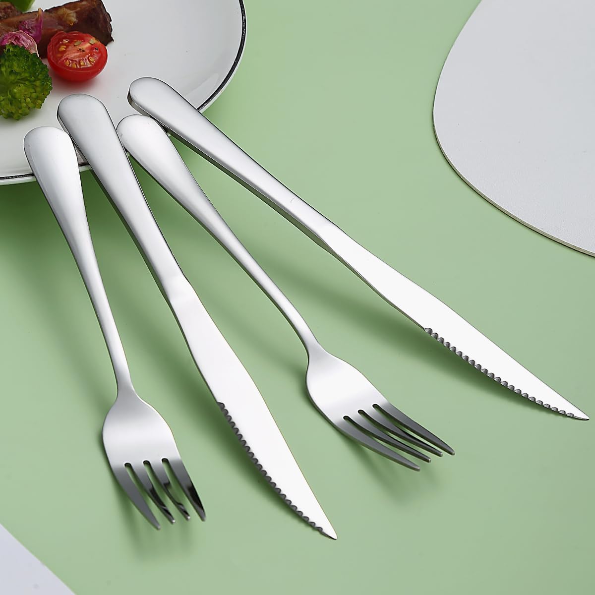 Evanda Juego de cuchillos para carne, 12 piezas, acero inoxidable, 6 tenedores y 6 cuchillos de cena, cuchillos para carne, tenedores para carne,