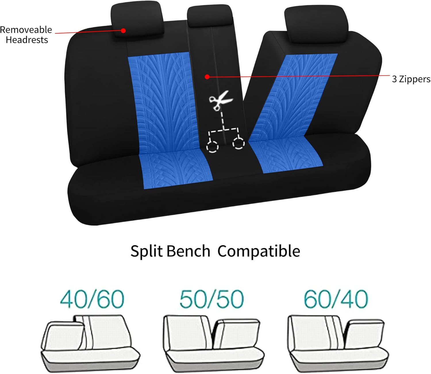 Juego completo de fundas de asiento de automóvil, fundas de asiento delantero y fundas de asiento trasero dividido para automóvil, fundas