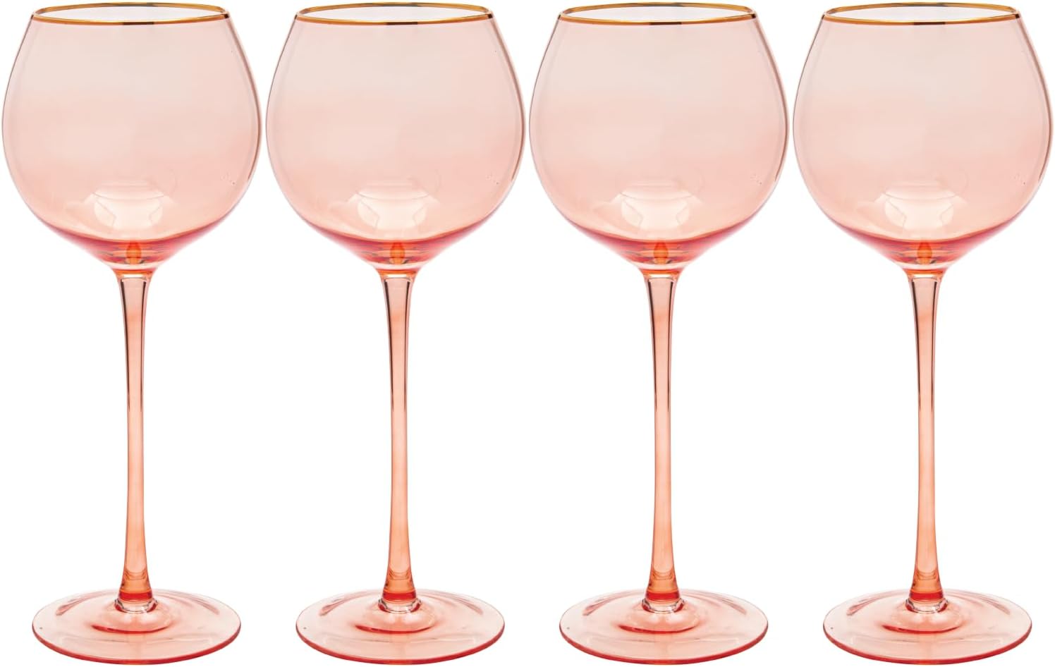 Vikko Copas de vino, copa de vino coral de 17 onzas con borde dorado, juego de 4 copas de vino con tallo para vino tinto y blanco, copas de vino de